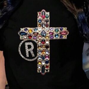 Black T-Shirt with Colorful Gem Cross Design